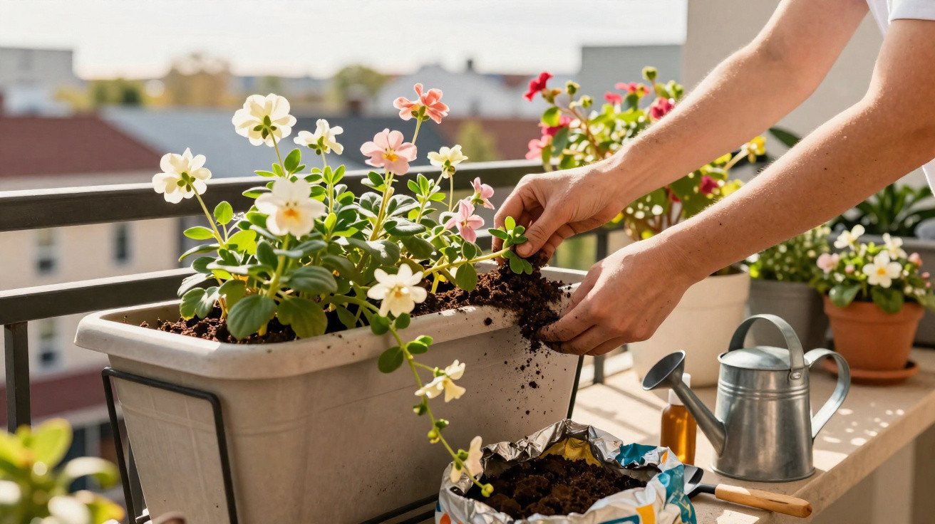 Mãos a plantar flores em vaso retangular numa varanda ensolarada com regador e terra.