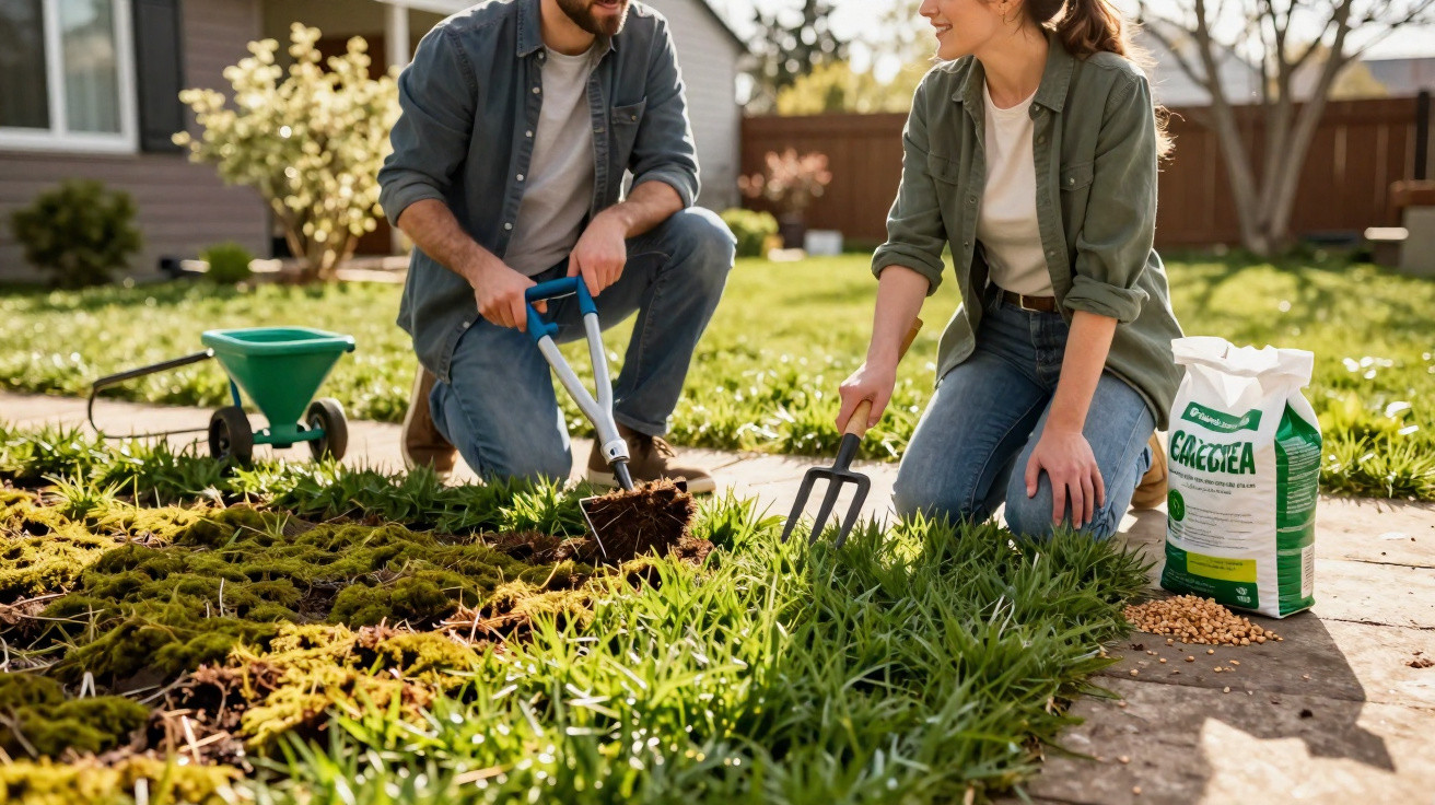Casal a trabalhar no jardim, preparando o solo com ferramentas e fertilizante em saco ao lado.