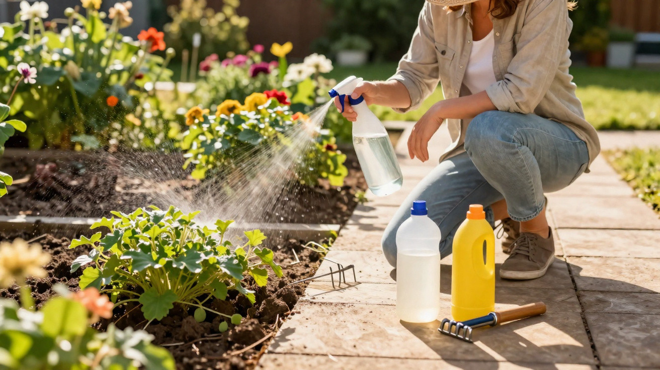 Pessoa a borrifar plantas num jardim com flores e utensílios de jardinagem ao lado.