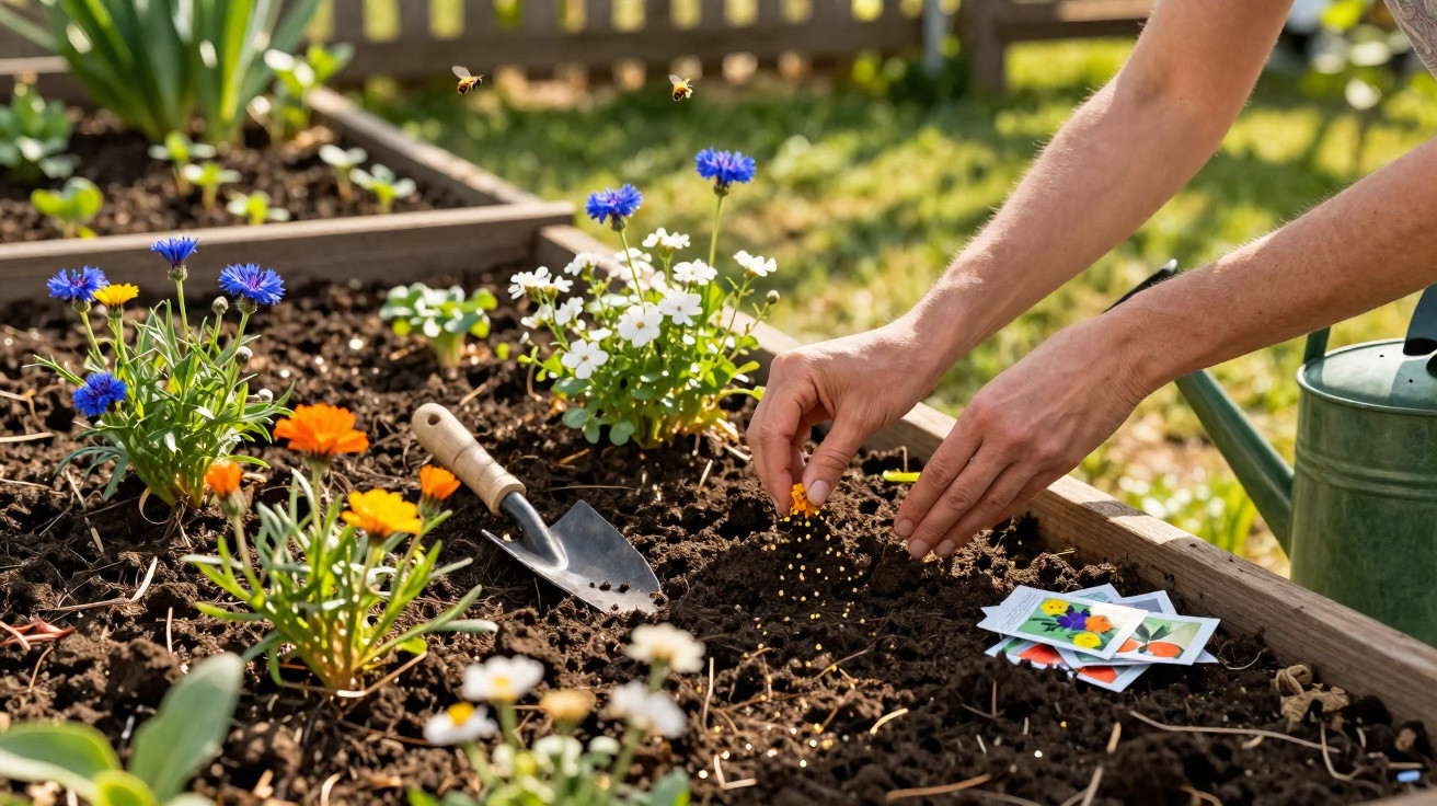 Mãos a semear em canteiro com flores coloridas, regador metálico e ferramentas de jardinagem.