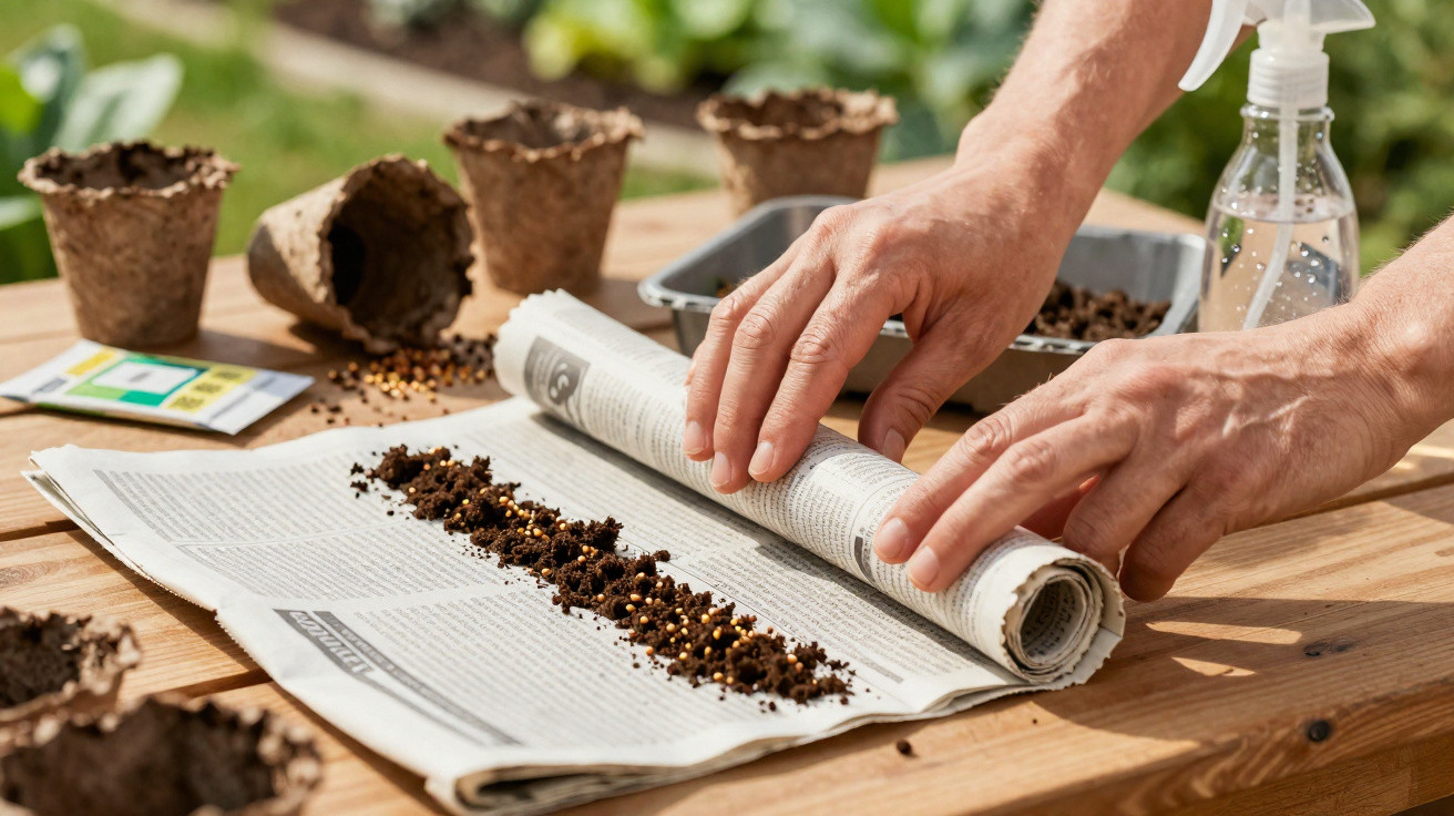 Mãos a enrolar jornal com sementes e terra para plantar, com vasos biodegradáveis e pulverizador ao fundo.