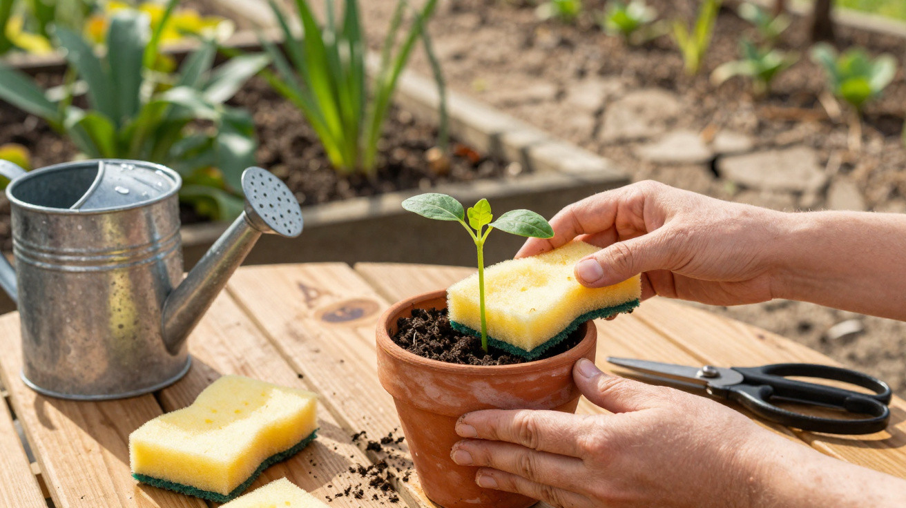 Mãos a cuidar de uma planta jovem em vaso de barro usando uma esponja ao lado de regador e tesoura.