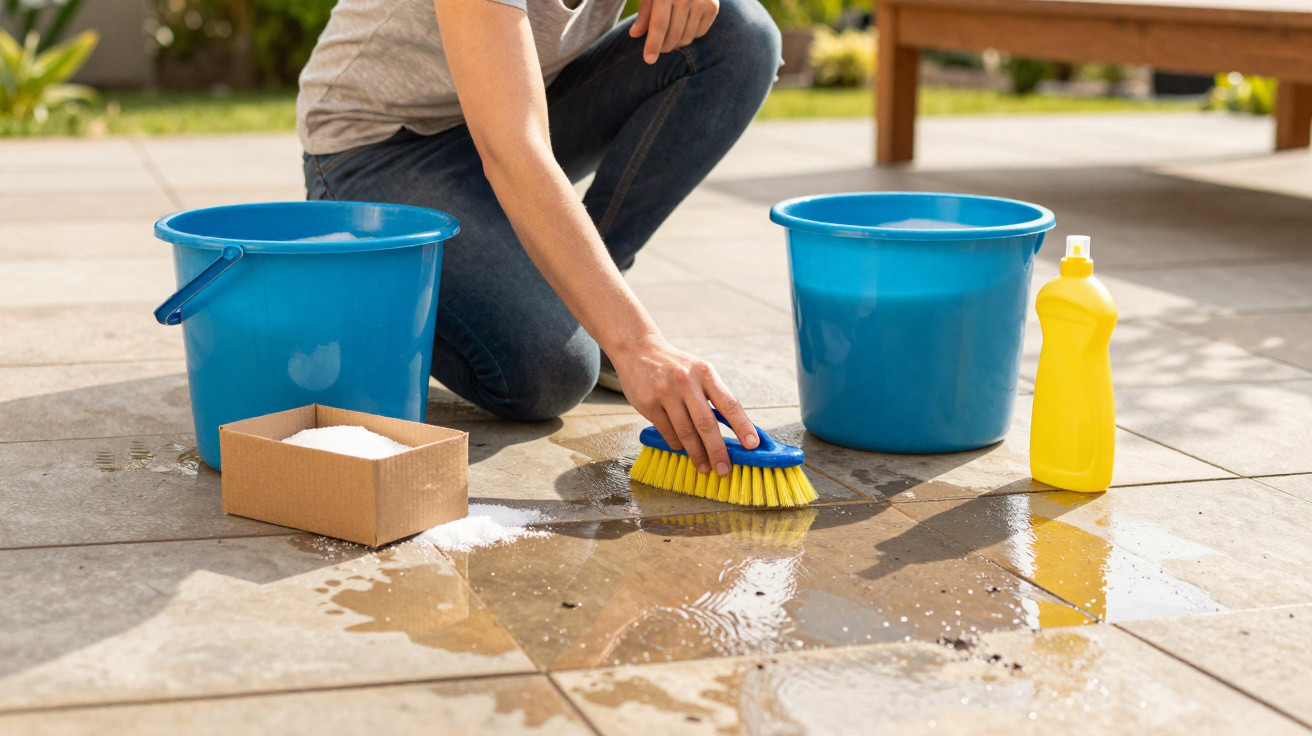 Pessoa a limpar pavimento exterior com escova, detergente, baldes e produto de limpeza amarelo.