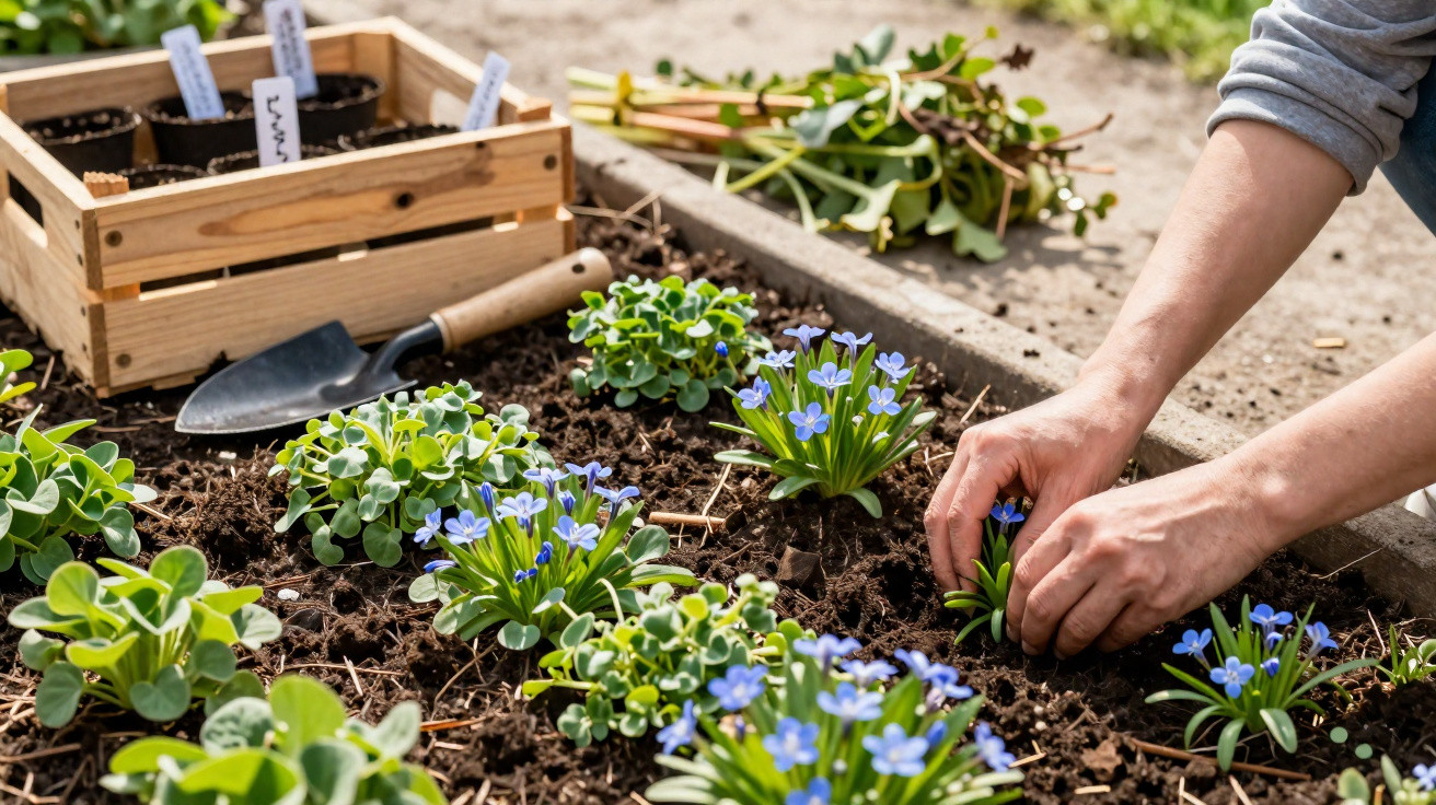 Mãos a plantar pequenas flores azuis num canteiro com terra, ao lado de uma caixa de madeira com vasos.