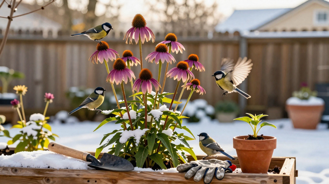 Pássaros a pousar em flores e vasos num jardim com neve e luvas de jardinagem numa mesa de madeira.