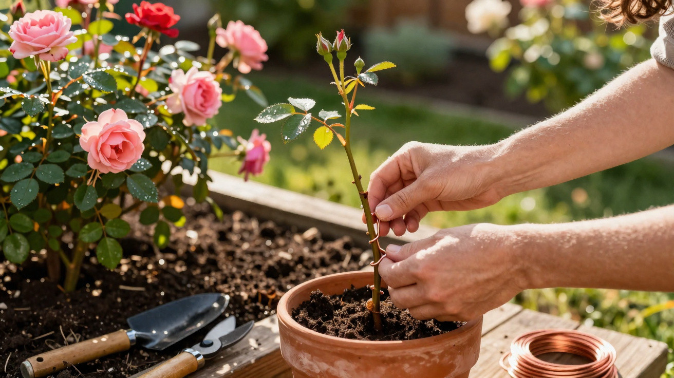 Pessoa a prender caule de rosa jovem num vaso de barro num jardim com flores rosas ao fundo.