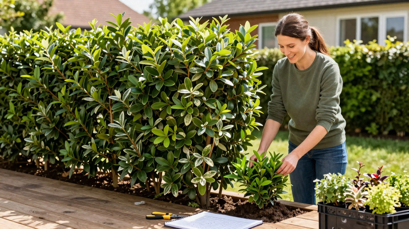 Mulher a cuidar de plantas num jardim com ferramentas e caderno sobre mesa de madeira.