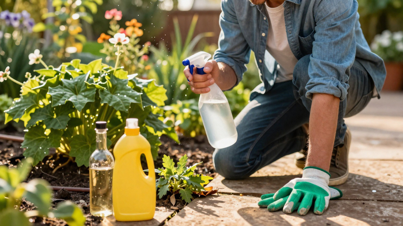 Pessoa a pulverizar plantas no jardim, com luvas verdes e produtos de jardinagem ao lado.