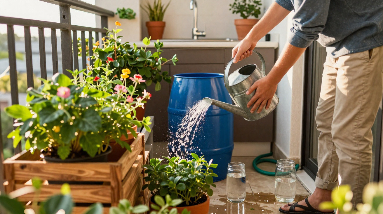 Pessoa a regar plantas num varandim com regador metálico ao fim da tarde.