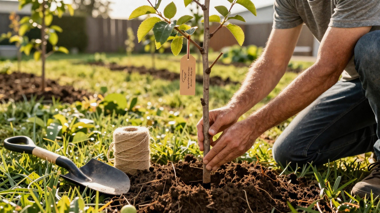 Pessoa a plantar uma árvore jovem num jardim com uma pá e fio de juta ao lado.