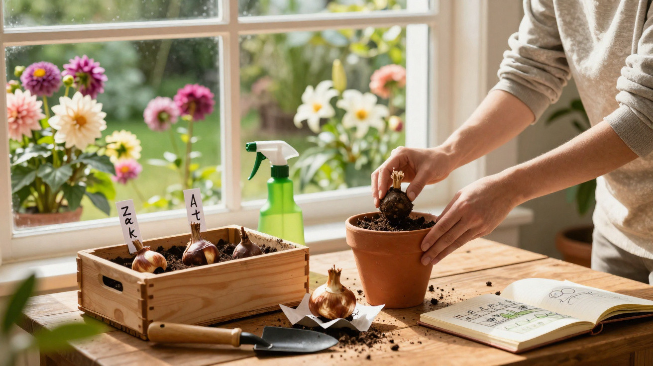 Pessoa a plantar cebolas em vaso numa mesa com ferramentas de jardinagem junto à janela com flores coloridas.
