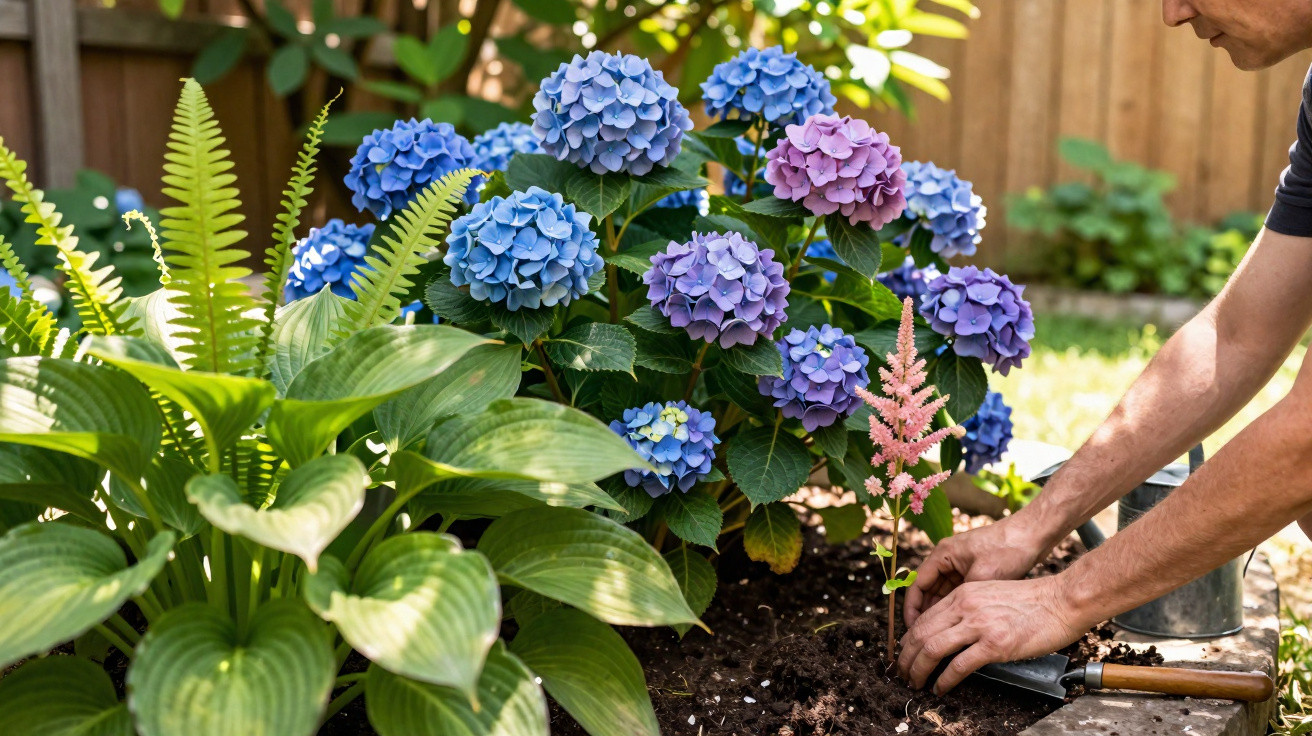 Pessoa a plantar flor cor-de-rosa num jardim com hortênsias azuis e folhas verdes.
