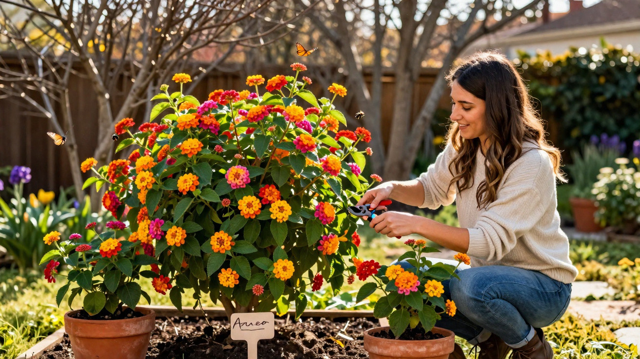 Mulher a aparar flores laranja e vermelho num jardim ensolarado com borboletas.