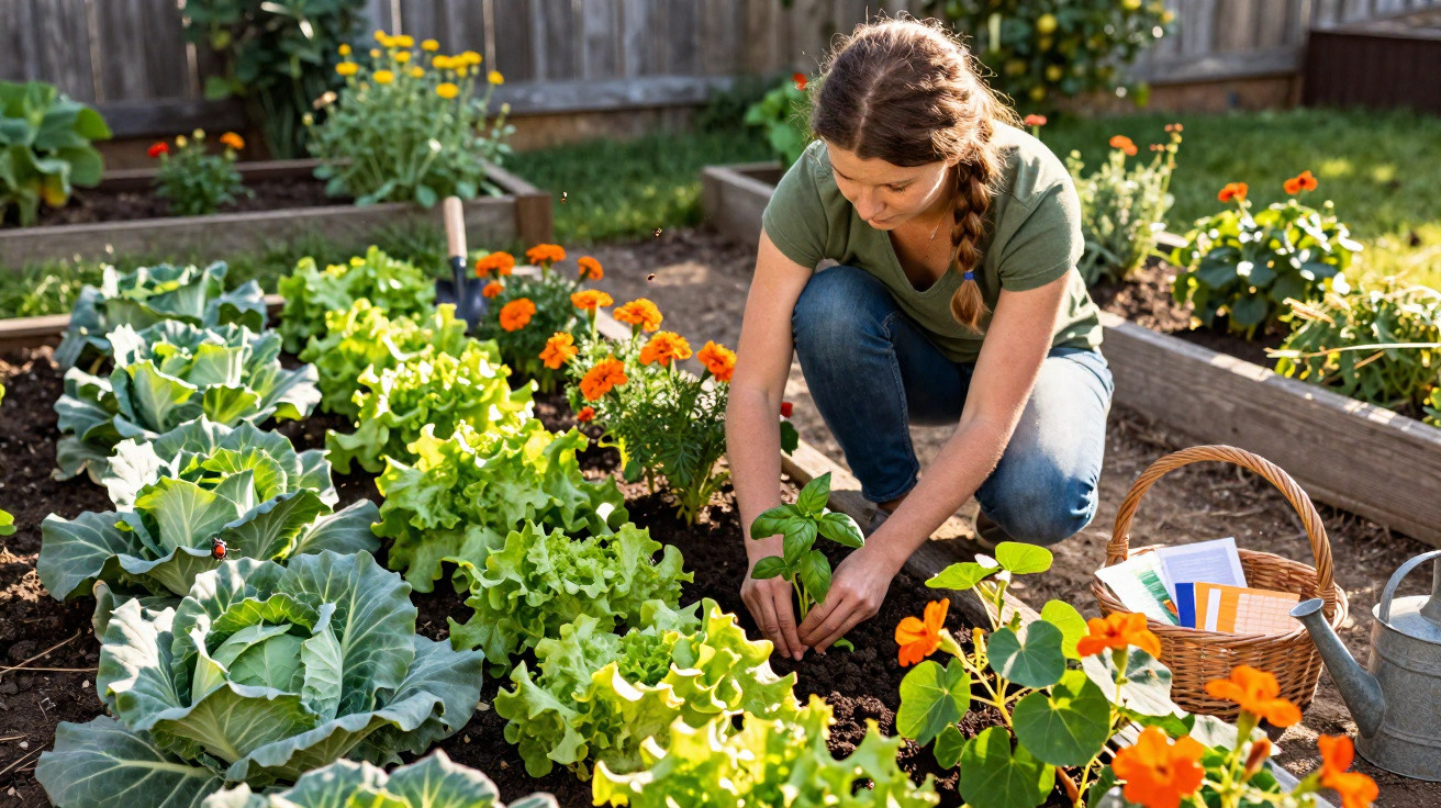 Mulher a cuidar de plantas num canteiro de jardim com várias verduras e flores coloridas.