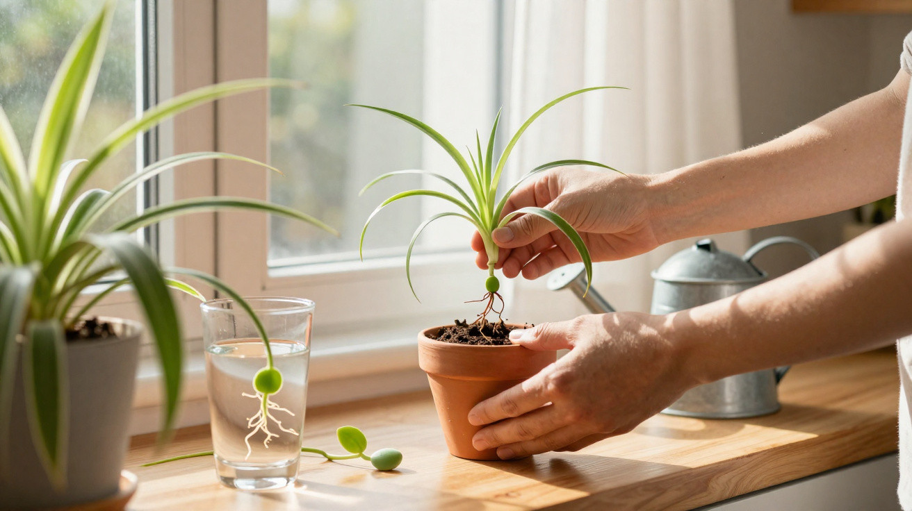 Mãos a plantar uma muda de planta em vaso de barro junto a janela com sol e regador ao fundo.
