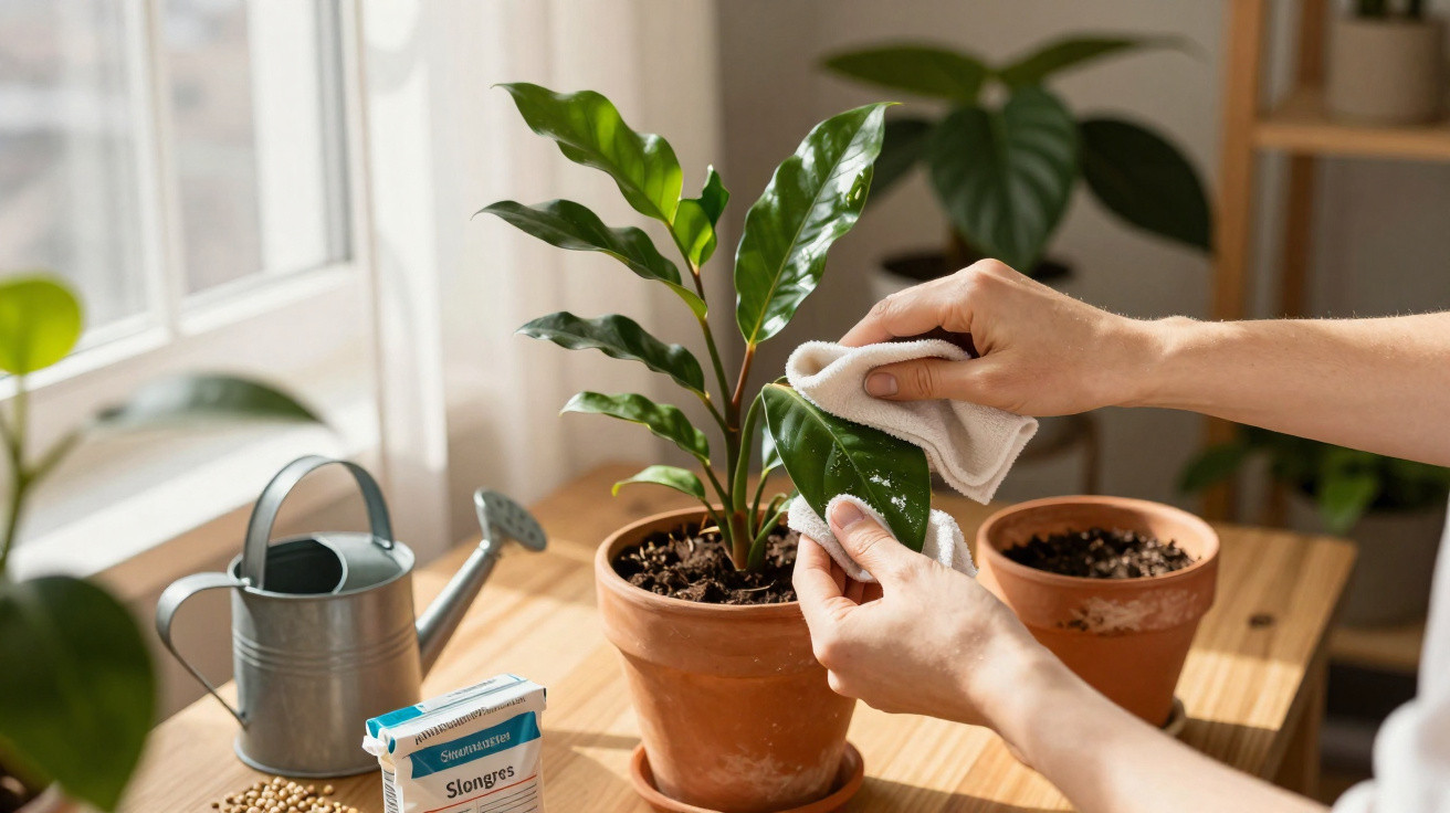 Pessoa a limpar folhas de planta em vaso de barro numa mesa junto à janela com regador.