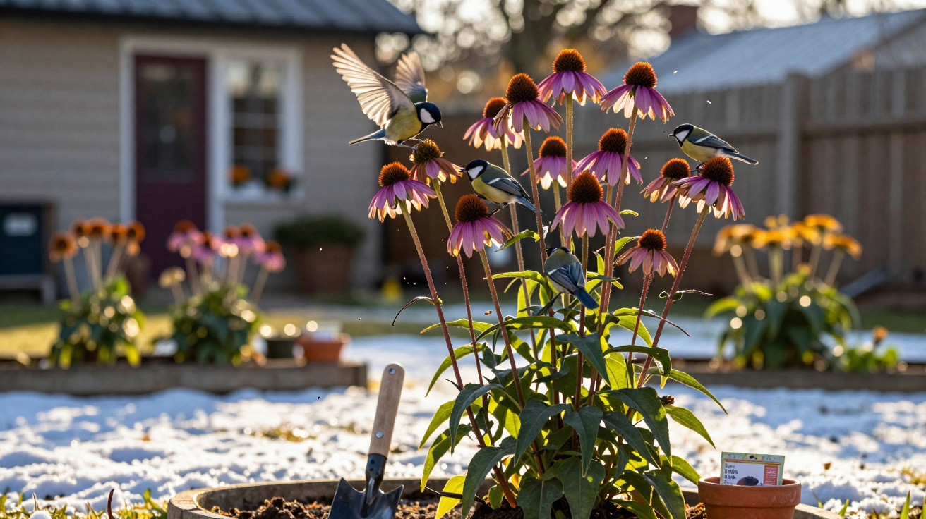 Pássaros pousados em flores roxas num jardim com neve e ferramentas de jardinagem ao fundo.