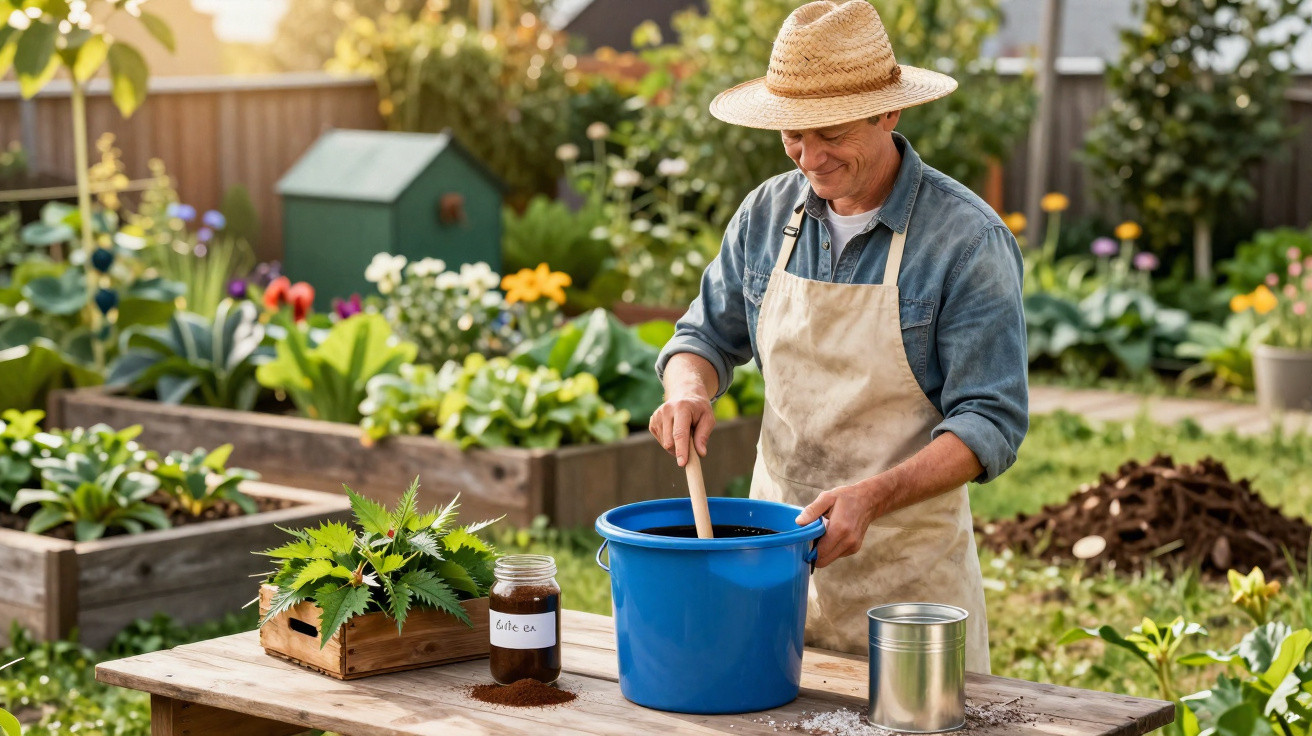 Homem com chapéu de palha e avental a mexer terra num balde azul numa horta com plantas e flores.