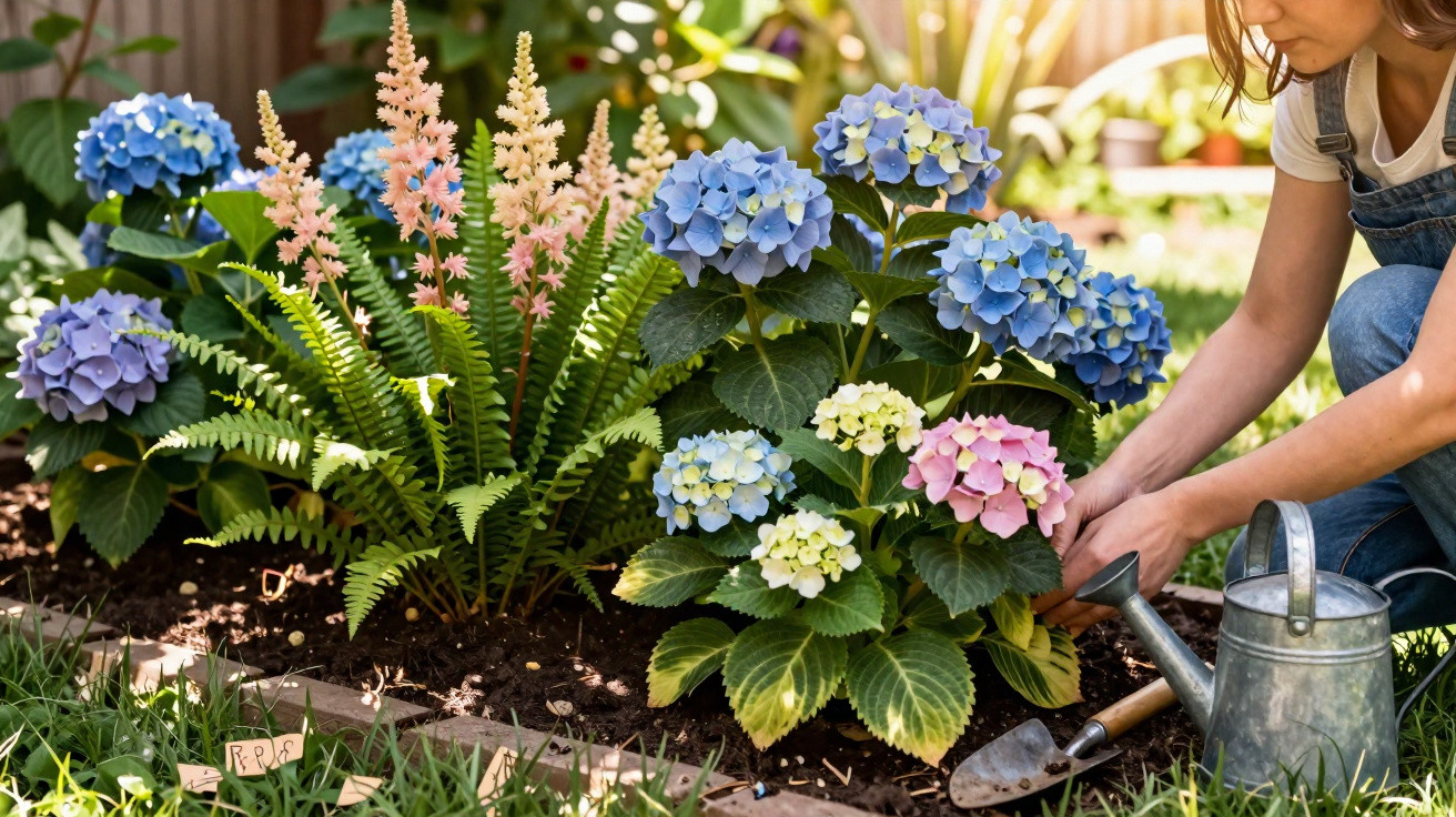 Pessoa a cuidar de hortênsias azuis, rosas e brancas num jardim ensolarado com regador e enxada.