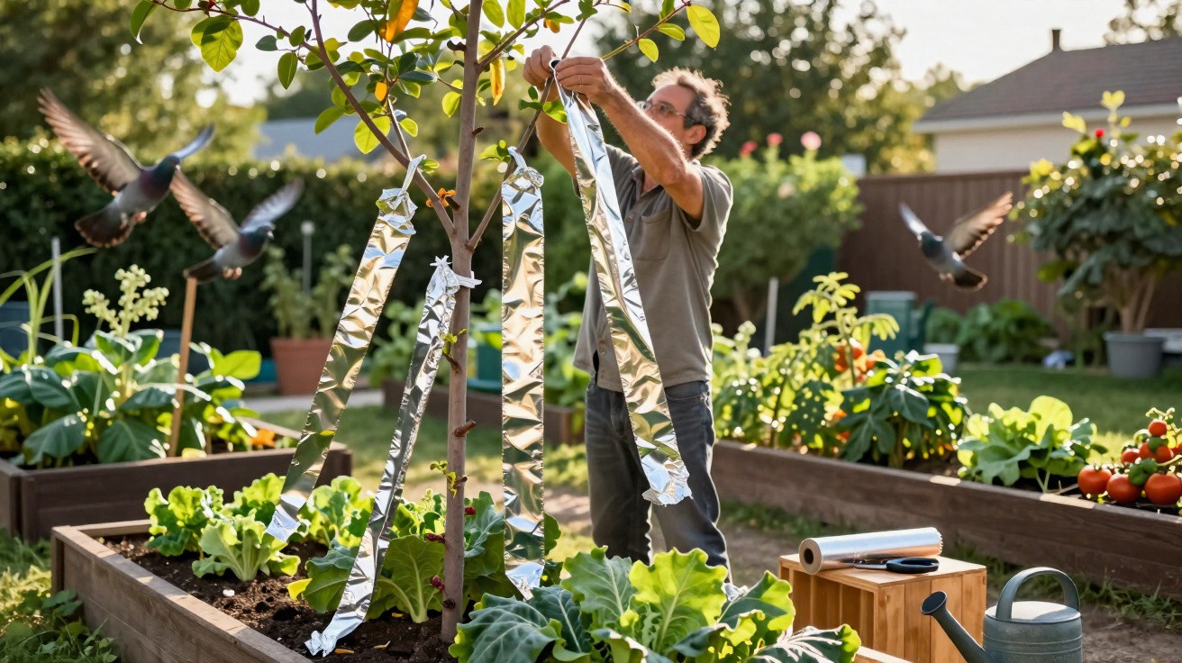 Homem pendura fitas refletoras em árvore num jardim com hortas e pombos a voar ao fundo.