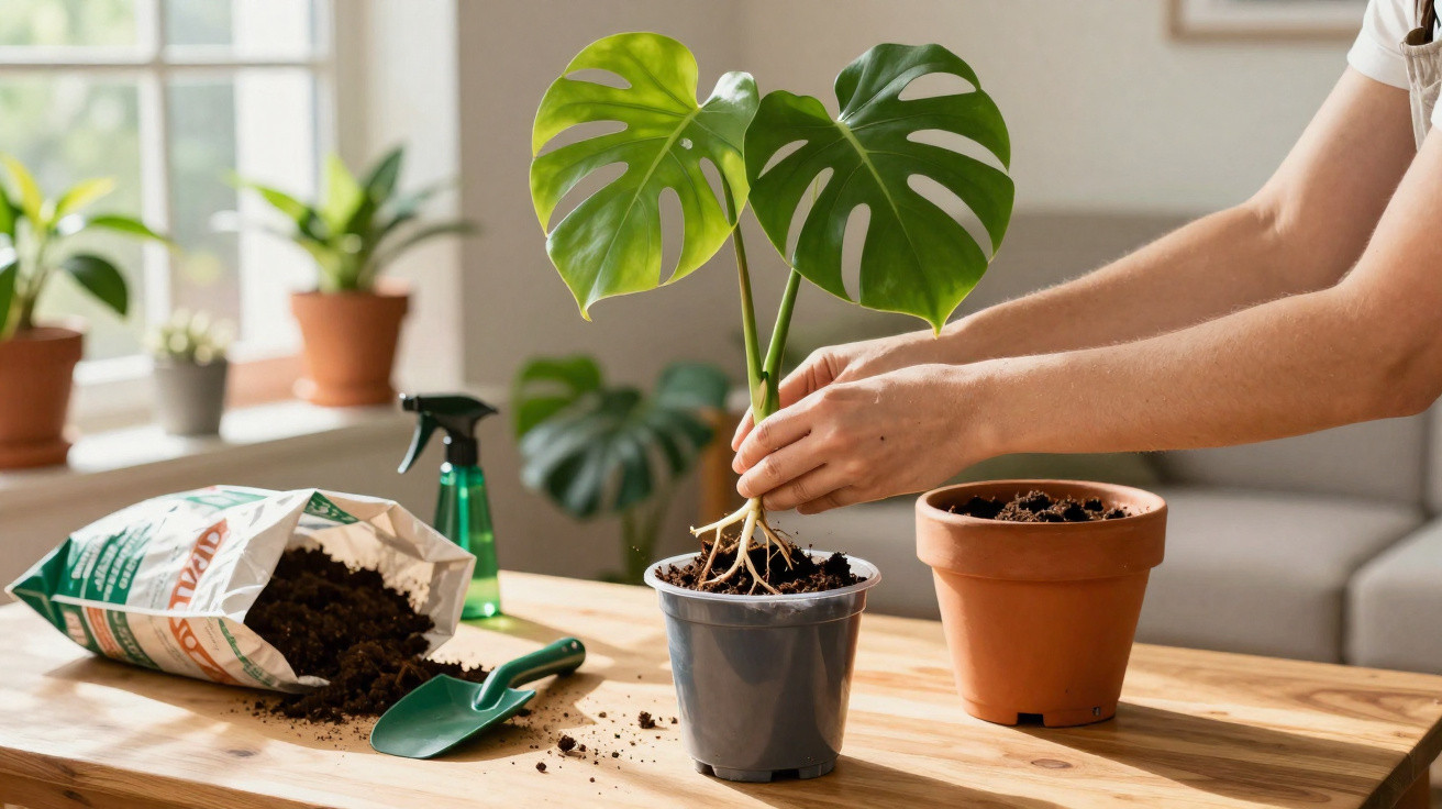 Pessoa a transplantar planta monstera para vaso maior sobre mesa com terra, pá e pulverizador ao lado.