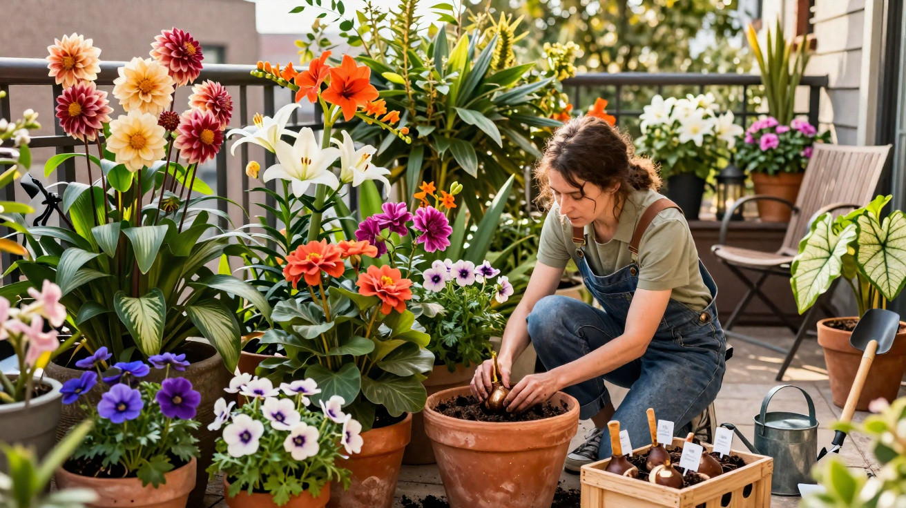 Mulher a plantar flores coloridas em vasos num terraço ensolarado rodeado de plantas e ferramentas de jardinagem.
