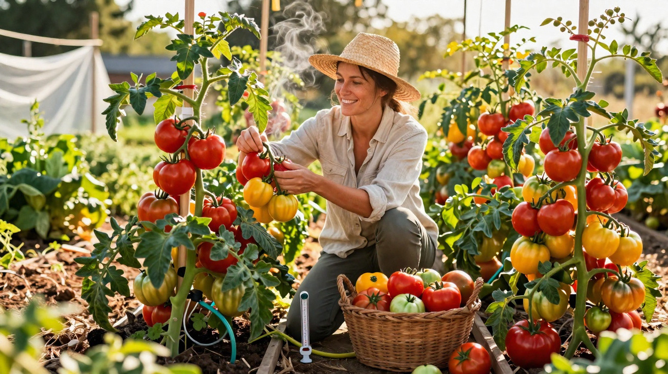 Mulher a colher tomates maduros num jardim, com uma cesta cheia de tomates ao lado, ao sol da manhã.