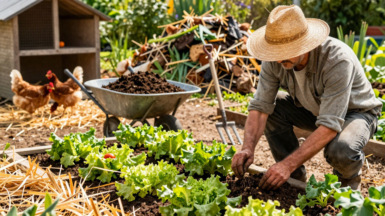 Homem com chapéu de palha a cultivar alfaces numa horta, com galinhas e carrinho de mão ao fundo.