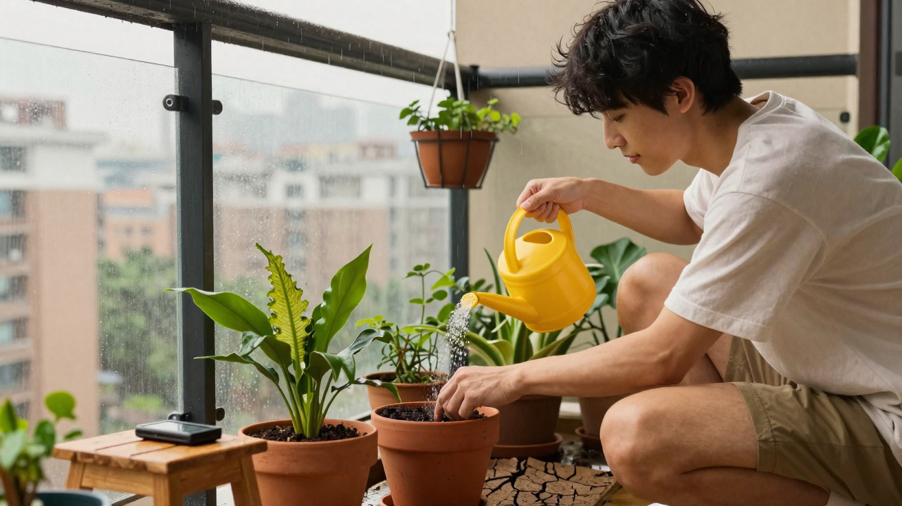 Pessoa rega plantas em vasos num varandas urbanas com prédios ao fundo em dia chuvoso.