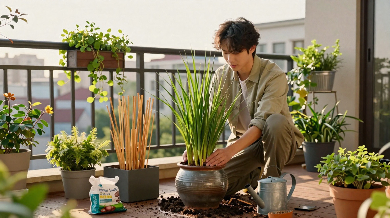 Jovem a cuidar de planta num vaso grande numa varanda com várias plantas e utensílios de jardinagem.