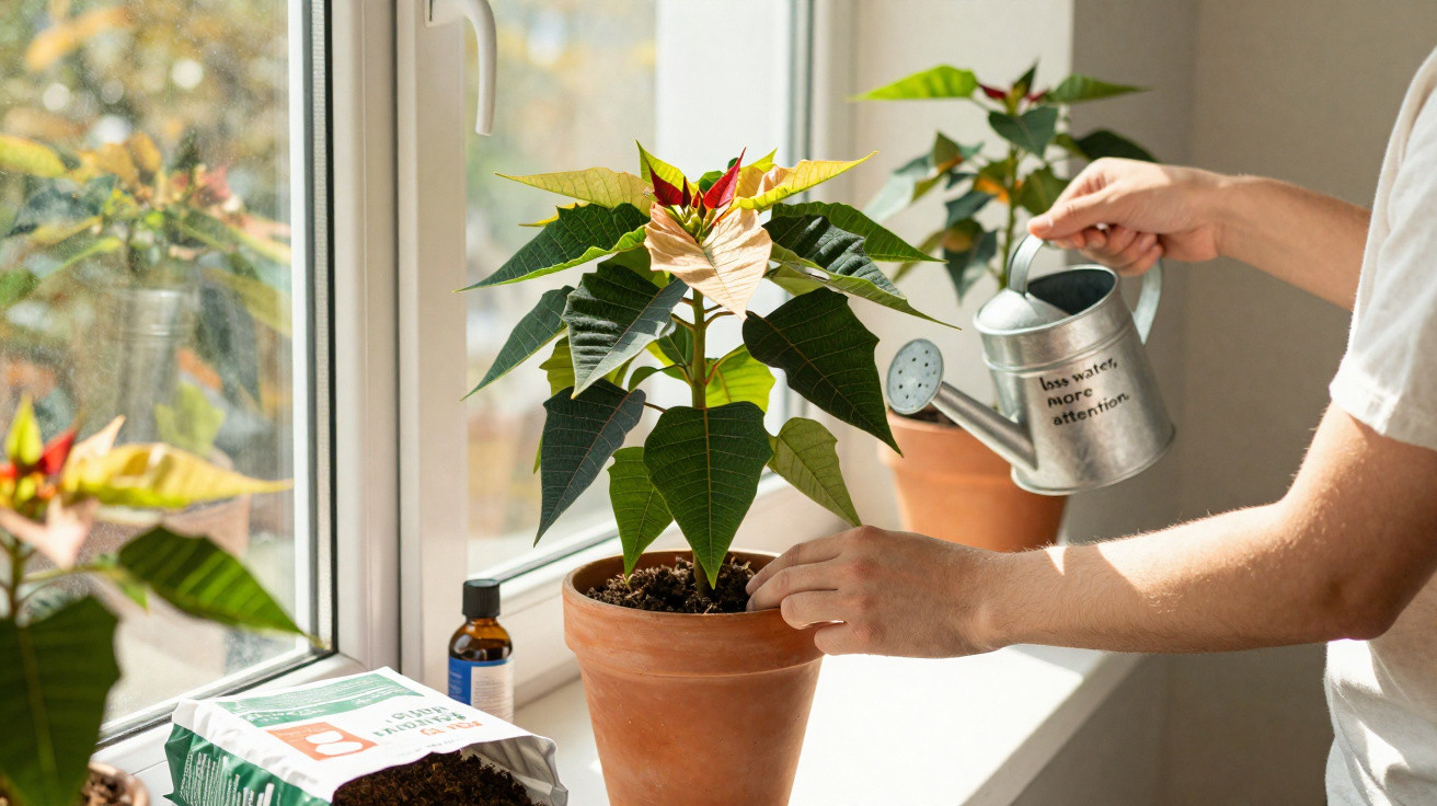 Pessoa regando planta dentro de vaso de barro junto a janela com regador metálico.