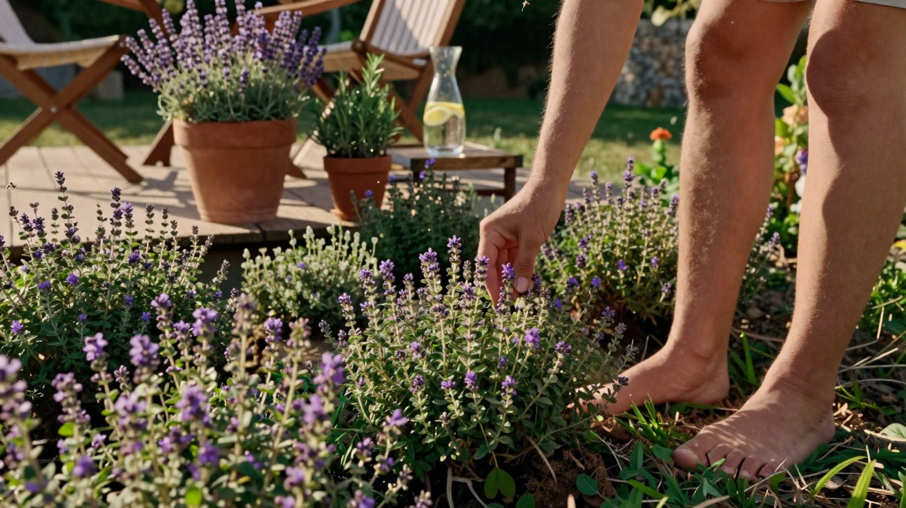 Pessoa descalça apanha flores de plantas aromáticas num jardim com cadeiras e jarra ao fundo.