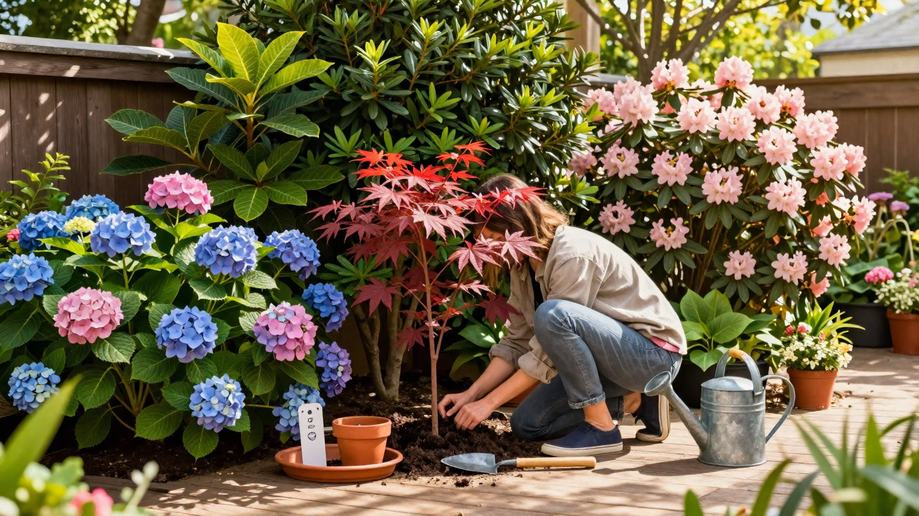 Pessoa a plantar árvore jovem num jardim com várias flores coloridas e regador metálico ao lado.