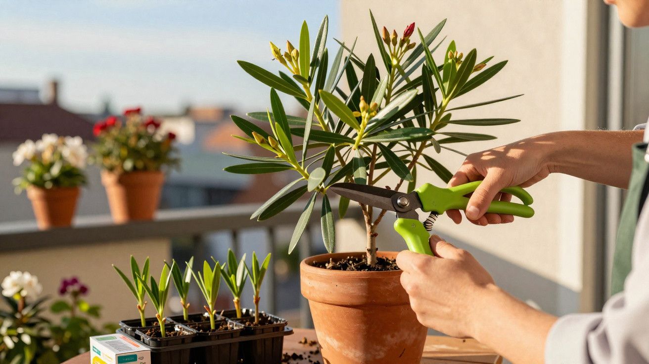 Pessoa a podar planta em vaso de barro numa varanda com outras plantas ao fundo.