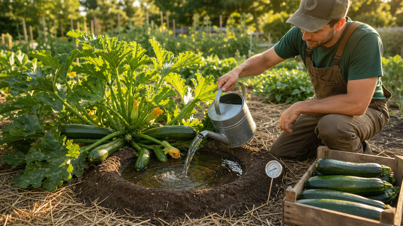 Homem a regar plantas de curgete num jardim com várias curgetes colhidas numa caixa ao lado.