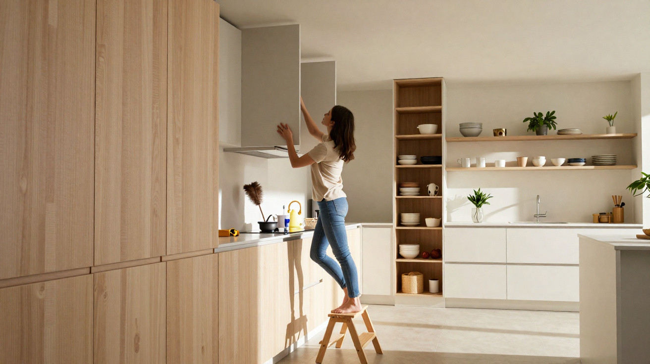 Mulher em pé numa escada na cozinha moderna a alcançar um armário alto, luz natural a entrar.