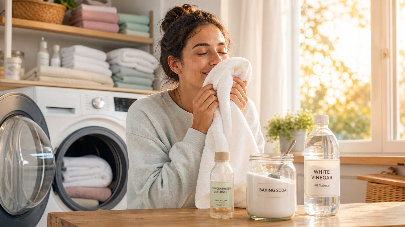 Mulher feliz a cheirar toalha branca ao lado de máquina de lavar e produtos de limpeza naturais num quarto luminoso.