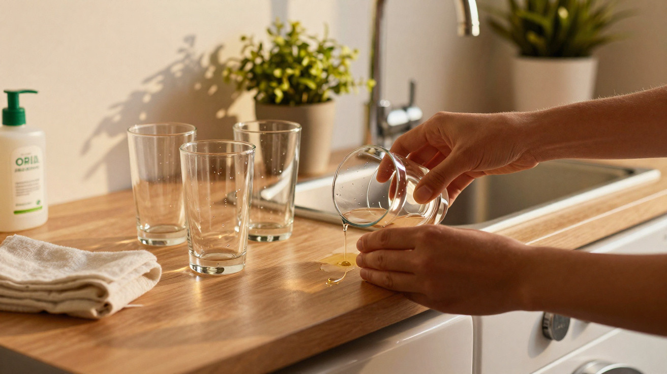 Mãos a derramar líquido de um copo numa bancada de cozinha com três copos, plantas e toalha ao fundo.