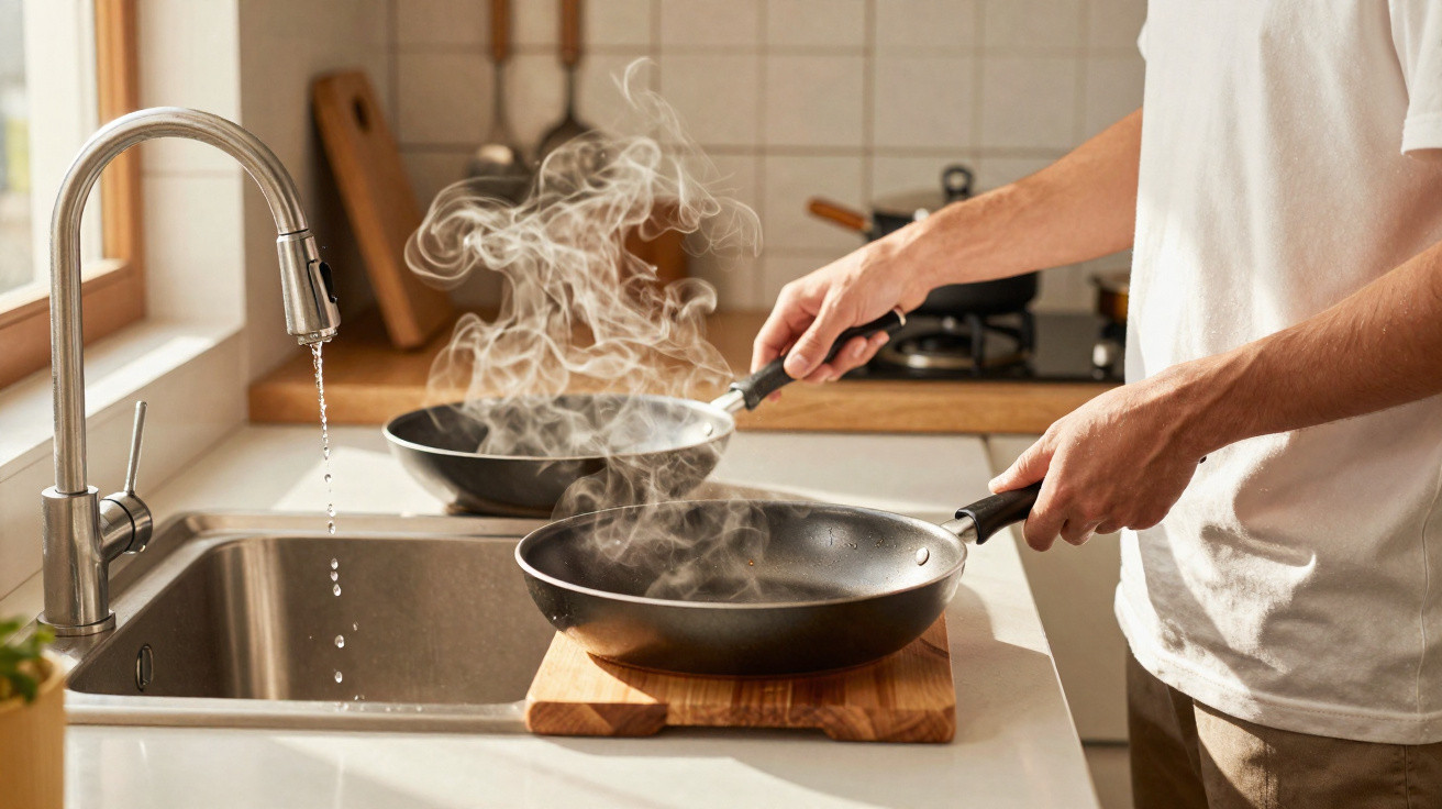 Pessoa a cozinhar com duas frigideiras a fumegar numa cozinha iluminada com luz natural