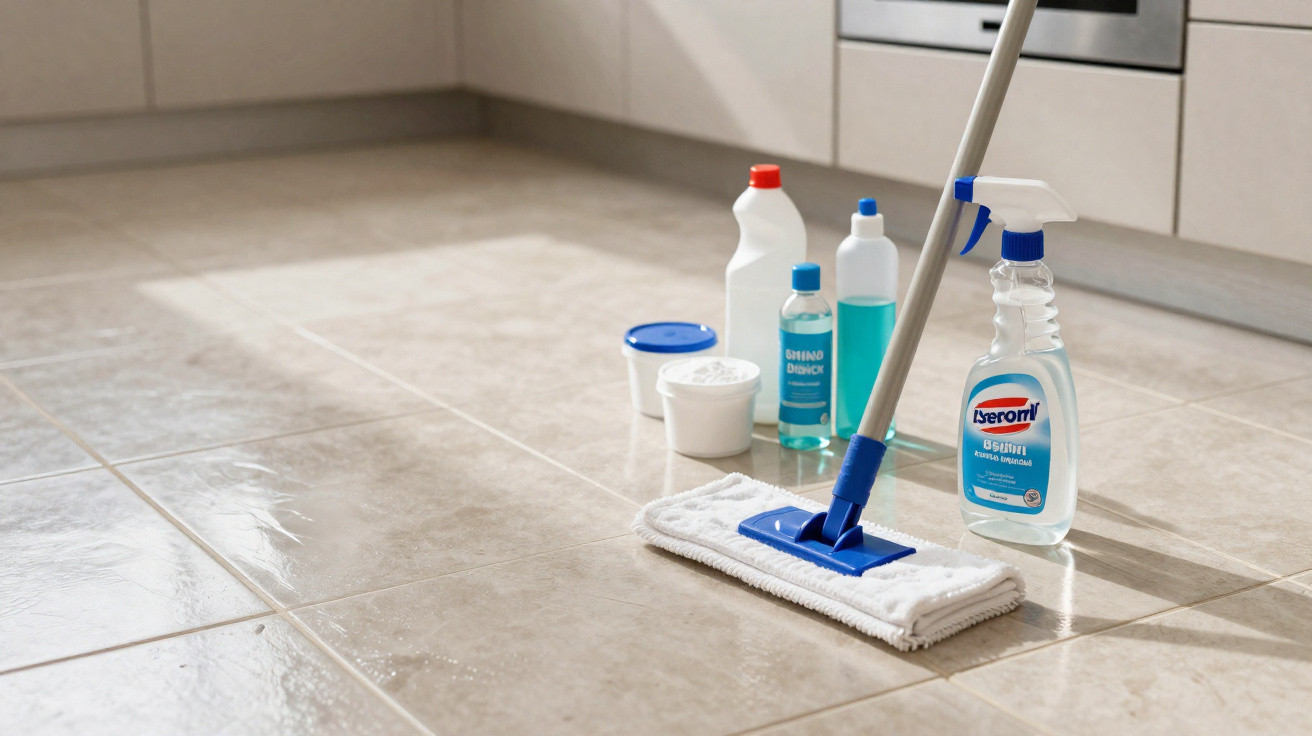 Mopa com produtos de limpeza sobre pavimento limpo numa cozinha moderna com armários claros.