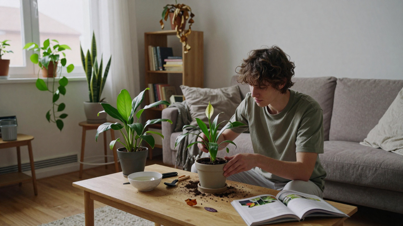 Jovem sentado no chão a cuidar de plantas numa sala de estar com mesa e sofá cinza.