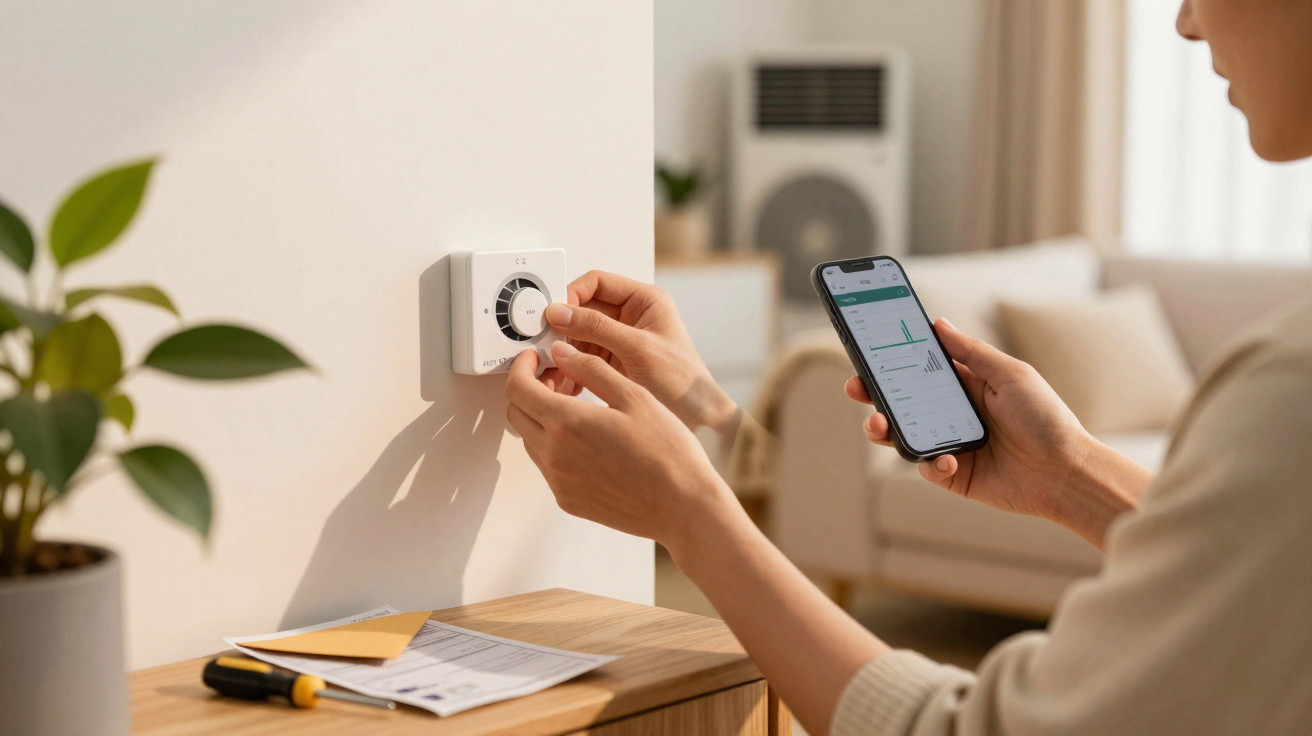 Pessoa ajusta termostato de parede enquanto consulta aplicação de controlo no telemóvel numa sala de estar.