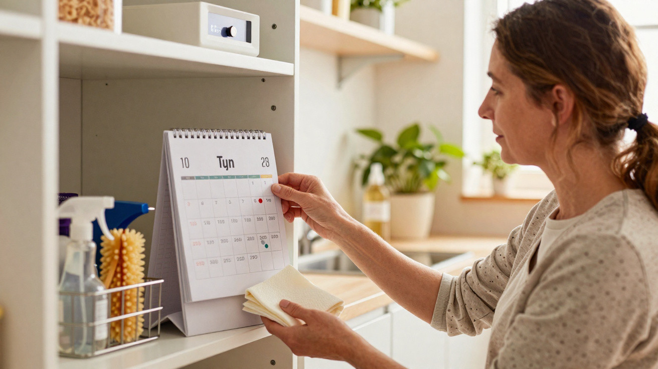 Mulher a olhar para um calendário numa cozinha luminosa, segurando panos de limpeza nas mãos.