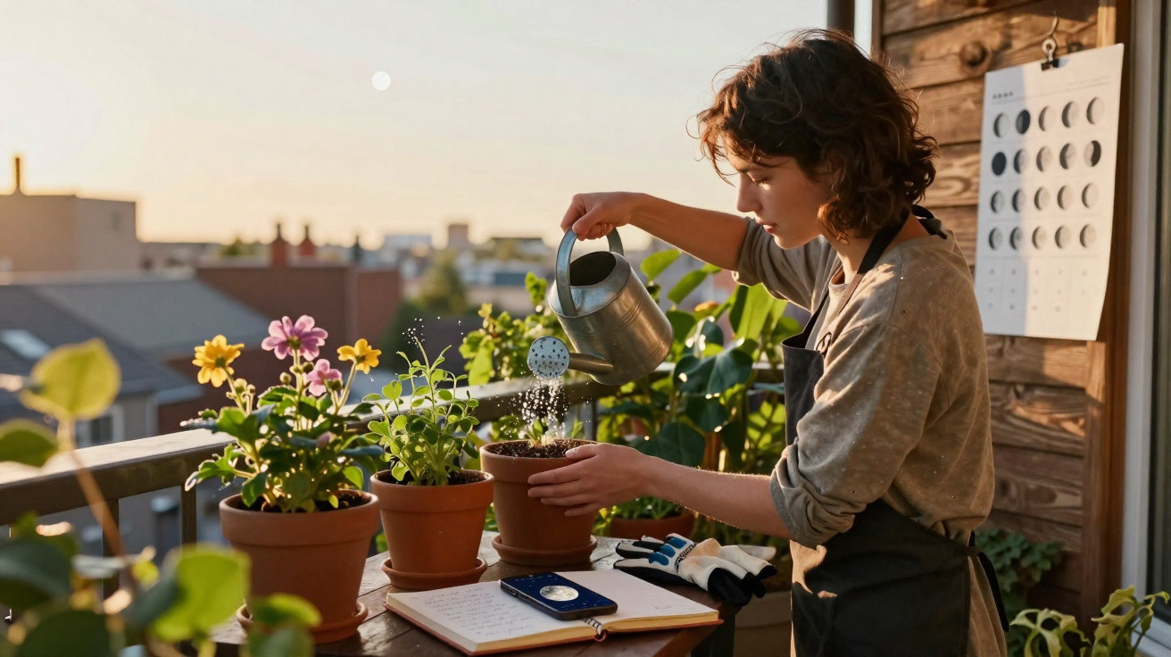 Mulher rega plantas em vasos num varandim durante pôr do sol, com caderno aberto e luvas na mesa.