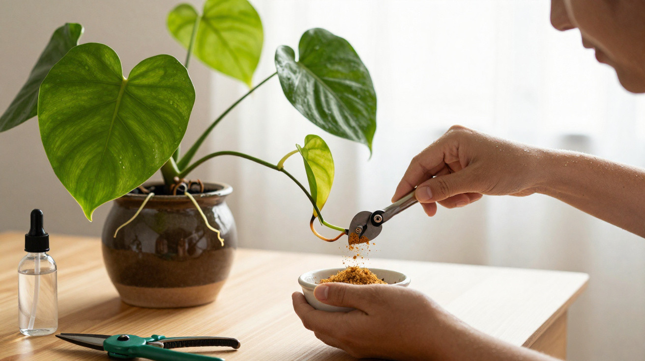 Pessoa a polvilhar substrato de orquídeas com pinça, planta verde numa mesa com tesoura e líquido em frasco.