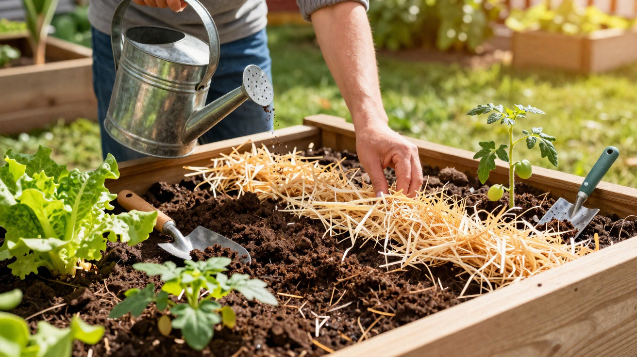 Pessoa a regar e a cobrir canteiro elevado com palha para proteger plantas jovens num jardim.