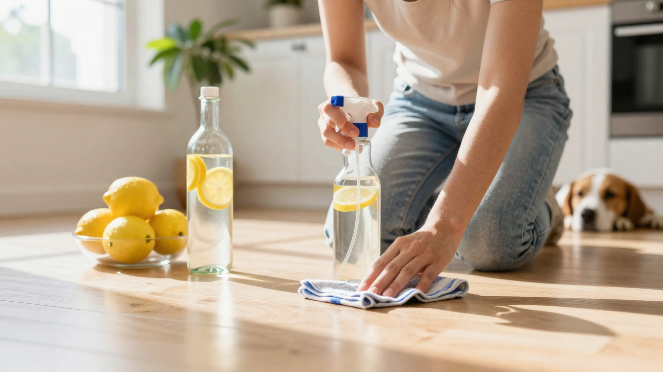 Pessoa limpando o chão da cozinha com spray caseiro de limão, cão deitado ao fundo.