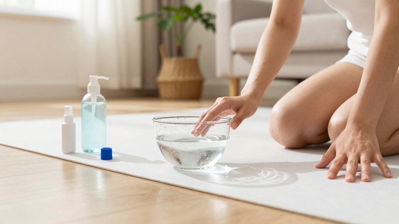 Pessoa a mergulhar a mão numa taça de água, com frascos de álcool gel e spray numa sala iluminada.