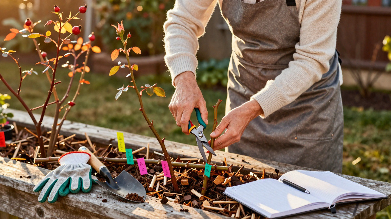 Pessoa a cuidar de plantas numa jardinagem, com ferramentas e caderno para anotação num jardim.