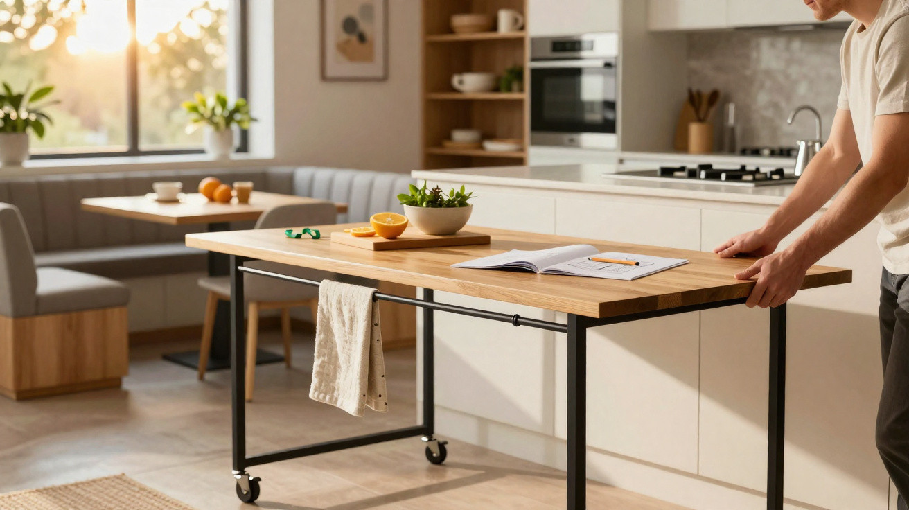 Cozinha moderna com mesa de madeira sobre rodas, homem a empurrá-la e a luz natural a entrar pela janela.